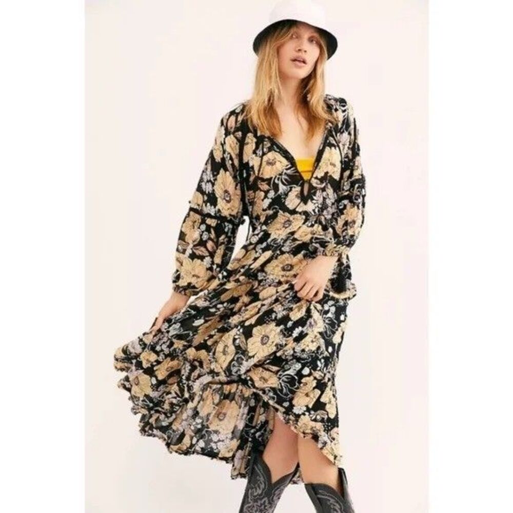 Free People In The Moment Midi Dress Long Sleeve Flowy Crochet Ruffle S 286115